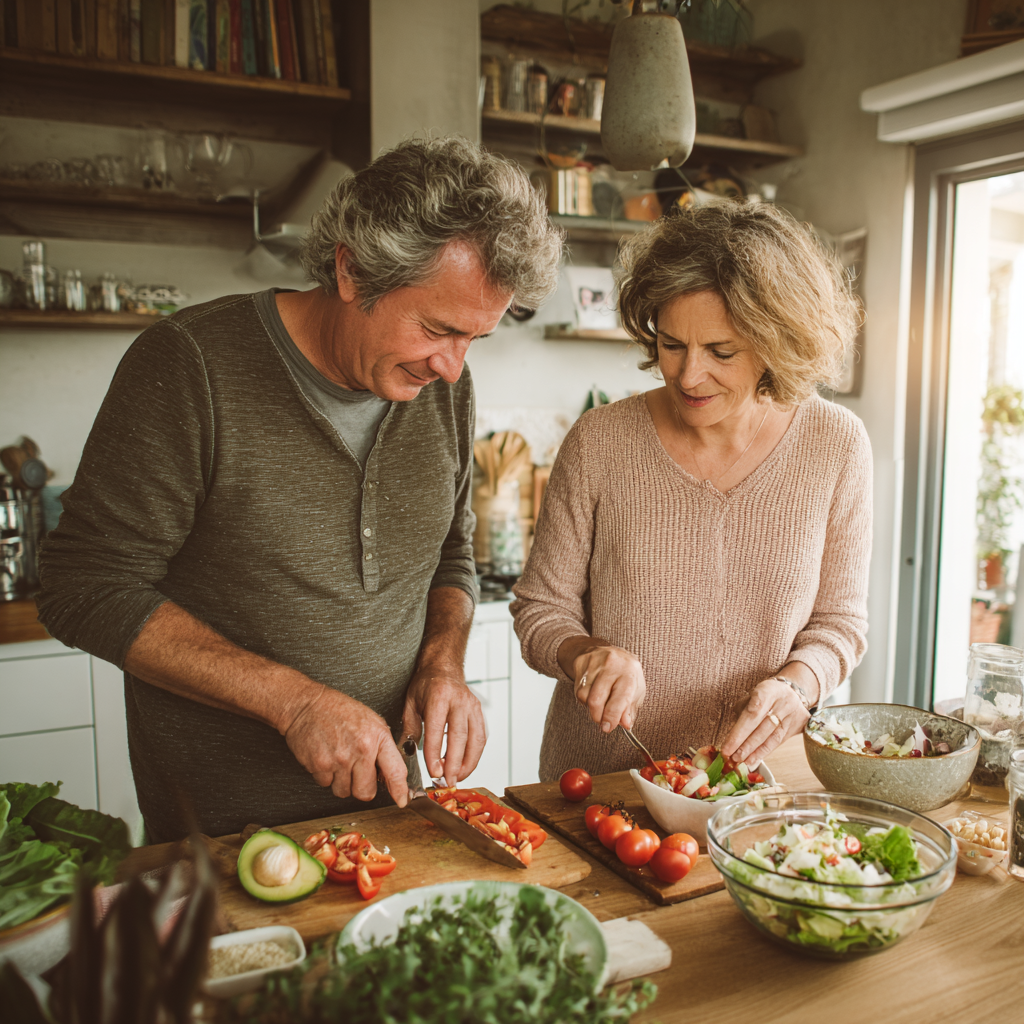 mature adult couple preparing nutritious salad together in bright kitchen