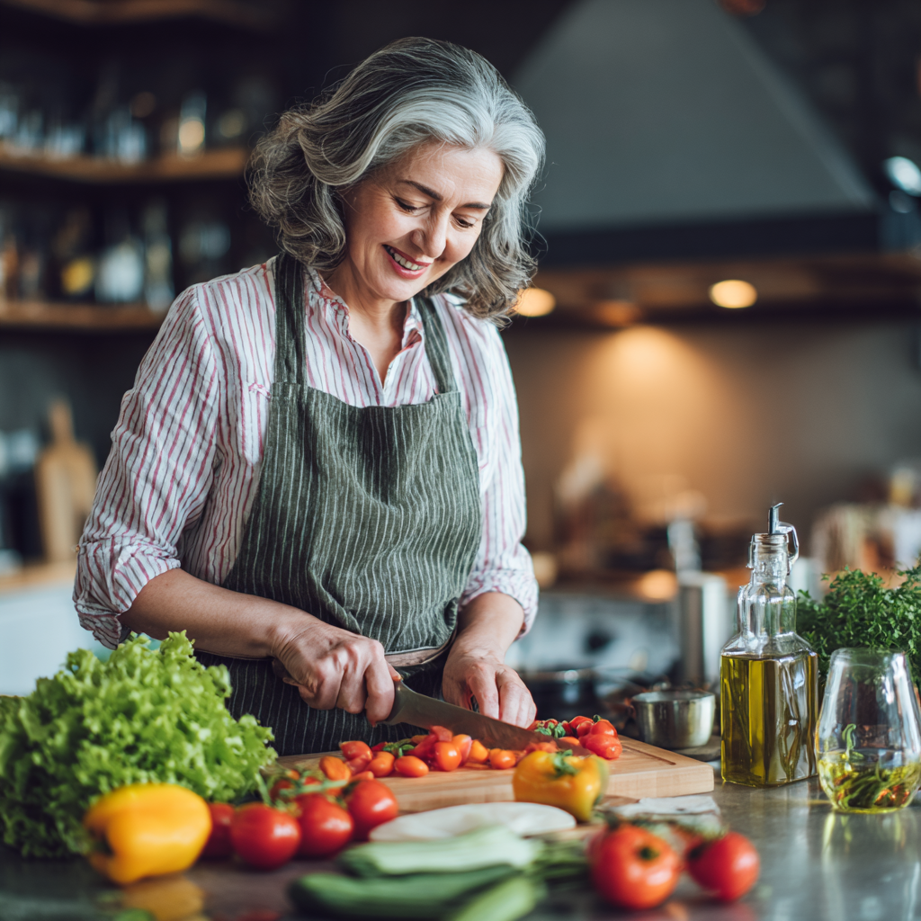 middle aged woman cooking healthy meal with fresh vegetables in modern kitchen